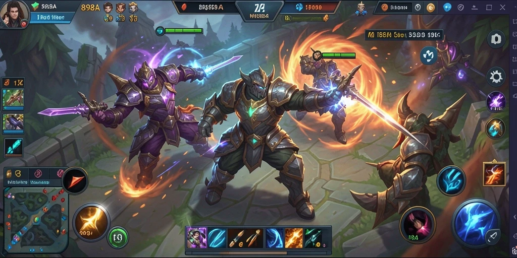 Screenshot gameplay seru 898A dalam aksi pertempuran MOBA.