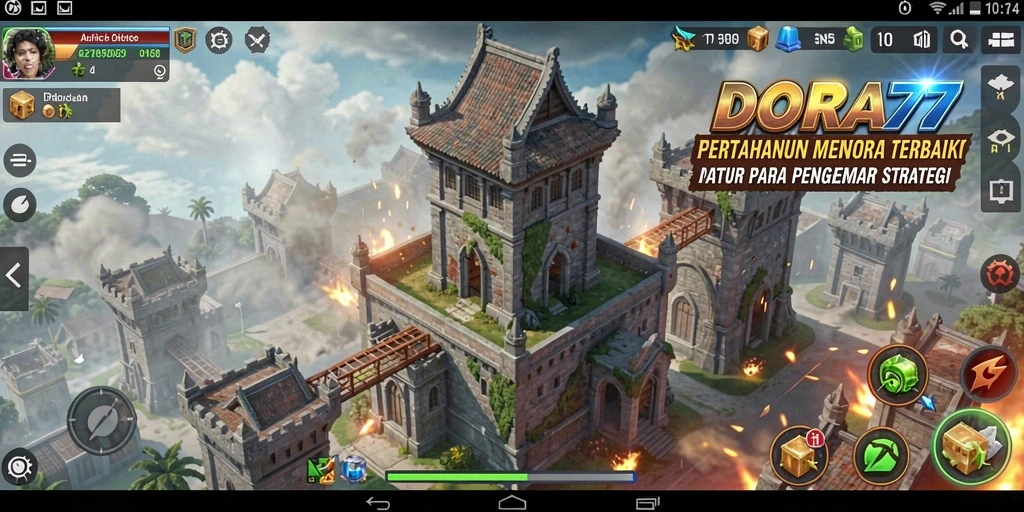Screenshot gameplay DORA77 menampilkan aksi Tower Defense yang epik.