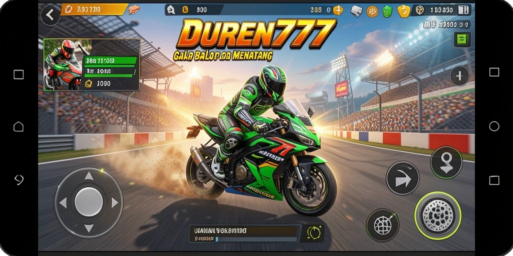 Screenshot DUREN777 menampilkan aksi balapan motor cepat di trek menantang.