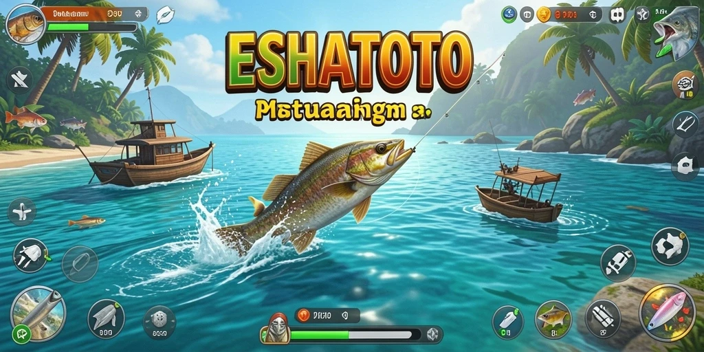 Tampilan gameplay ESHATOTO dengan aksi memancing seru di laut.
