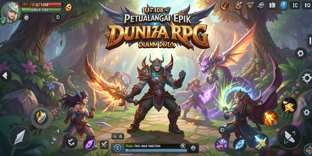 Tangkapan layar gameplay GT108 menunjukkan pertarungan epik dan dunia yang luas.
