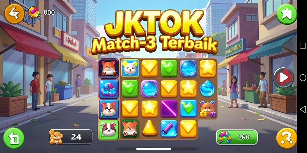 Screenshot JKTOK menampilkan aksi seru permainan Match-3 yang menantang.