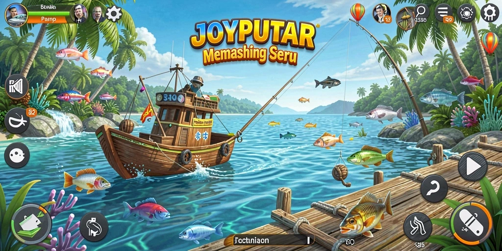 Tampilan gameplay JOYPUTAR dengan aksi memancing yang seru.