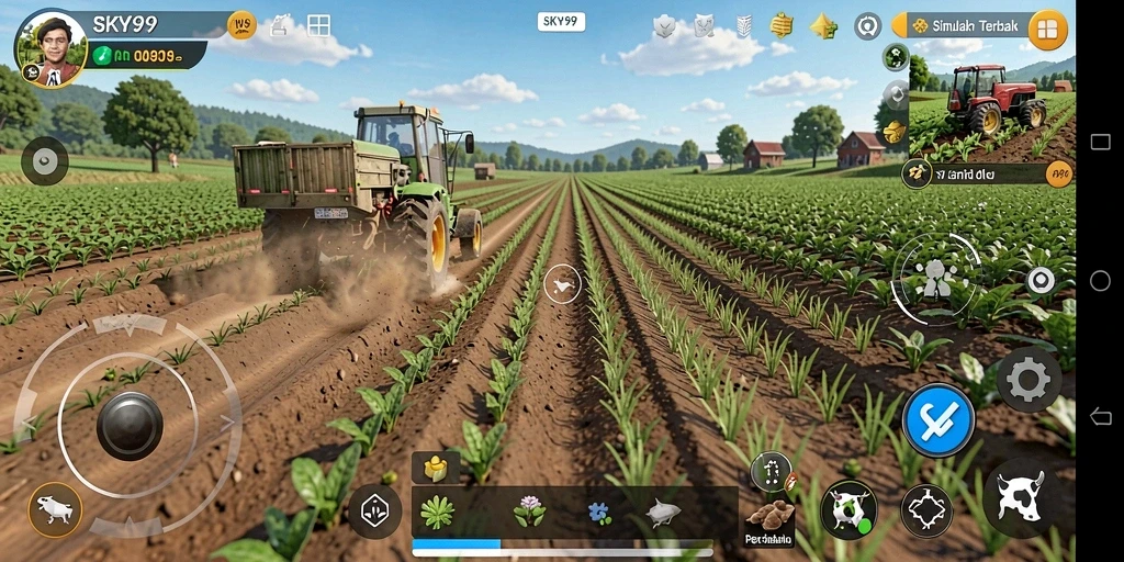 Tampilan gameplay <strong>SKY99</strong> yang menakjubkan dengan aktivitas bertani.