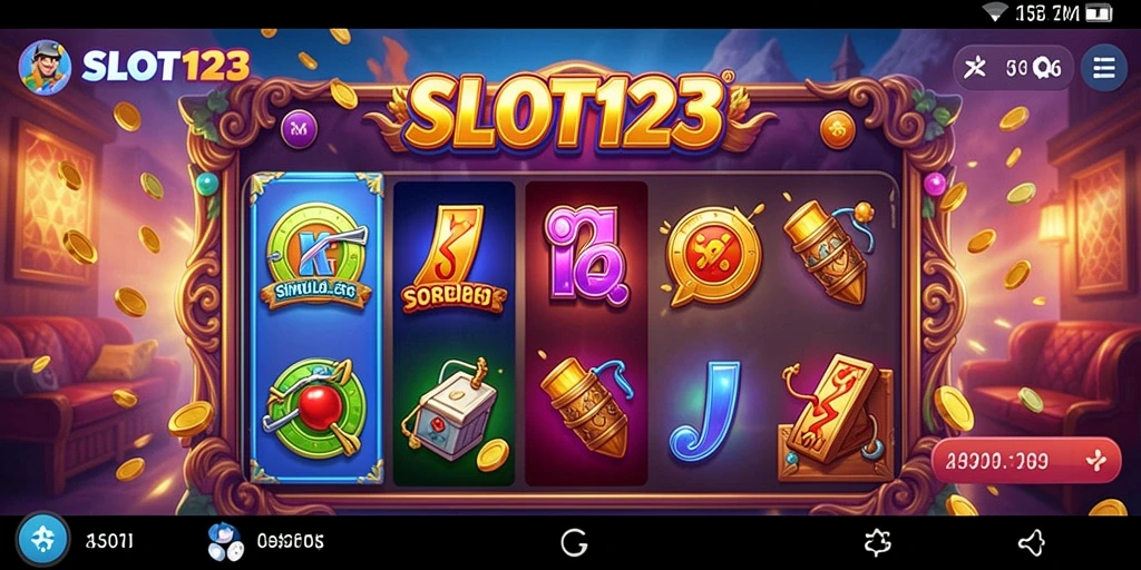 Tampilan gameplay SLOT123 yang memukau dengan mesin slot beragam tema.