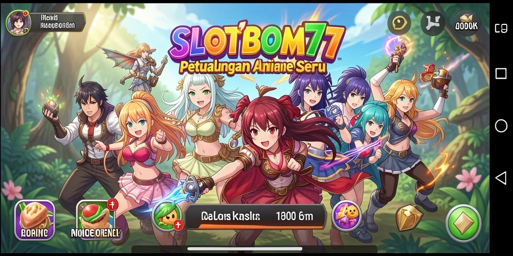 Tampilan utama gameplay <strong>SLOTBOM77</strong> dengan karakter Anime yang berwarna-warni.