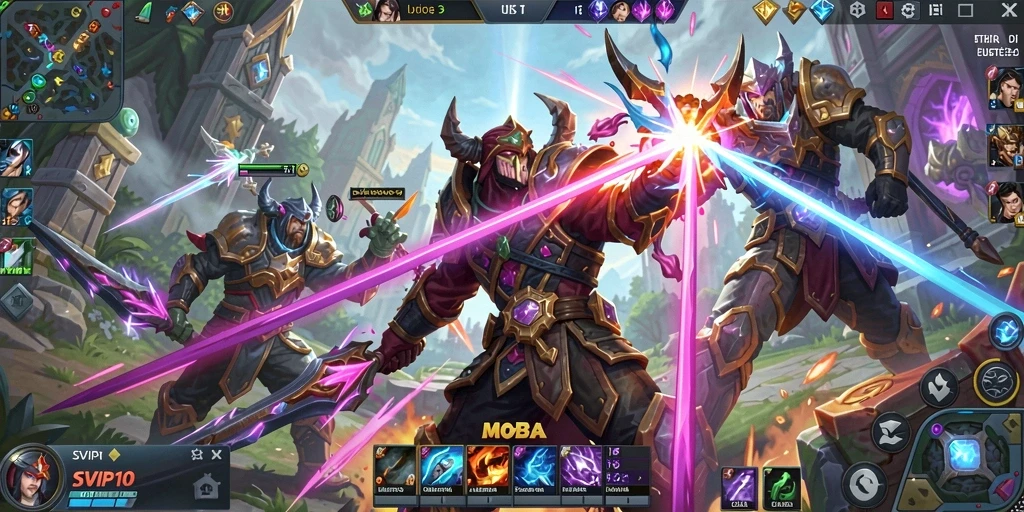 Screenshot gameplay MOBA SVIP10 yang menampilkan pertempuran epik.